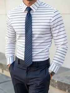 Men’s White Blue Striped Dress Shirt | Slim Fit Long Sleeve Button Down | Business, Office & Wedding Shirt