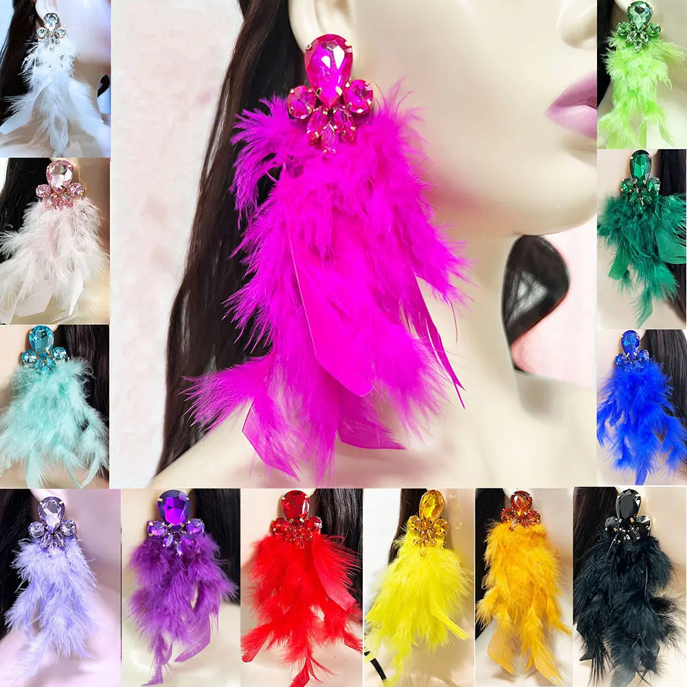 Super fairy-like long feather earrings, stylish and unique, alloy with diamonds, artistic tassels, bohemian style