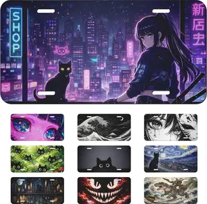 Anime Front License Plate Girl Cat Neon City Night Sword Car Decorative License Plates Aluminum Metal Decor Accessory Novelty Vanity Tag Cover with 4 Holes for Men Women 6" X 12"