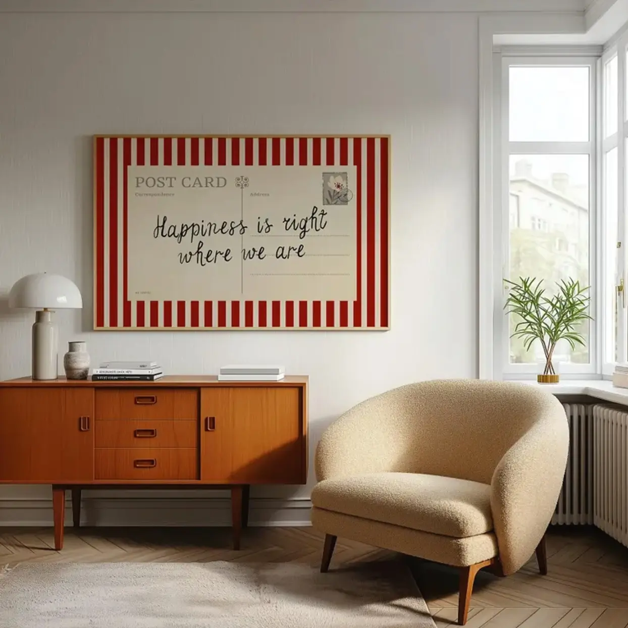 Vintage Stripes Postcard Poster: Happiness Is Right Where We Are