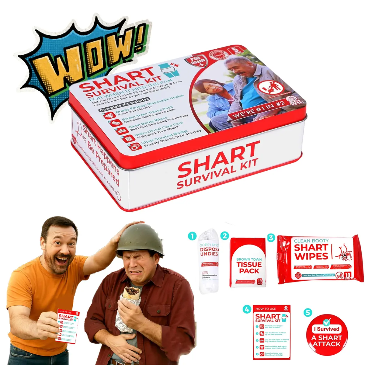 Ultimate Prank Gift Set - Emergency Kit for Friends or Family Includes Wet Wipes Disposable Underwear Tissues Funny Badge Novelty Fart-Themed Gag Gift