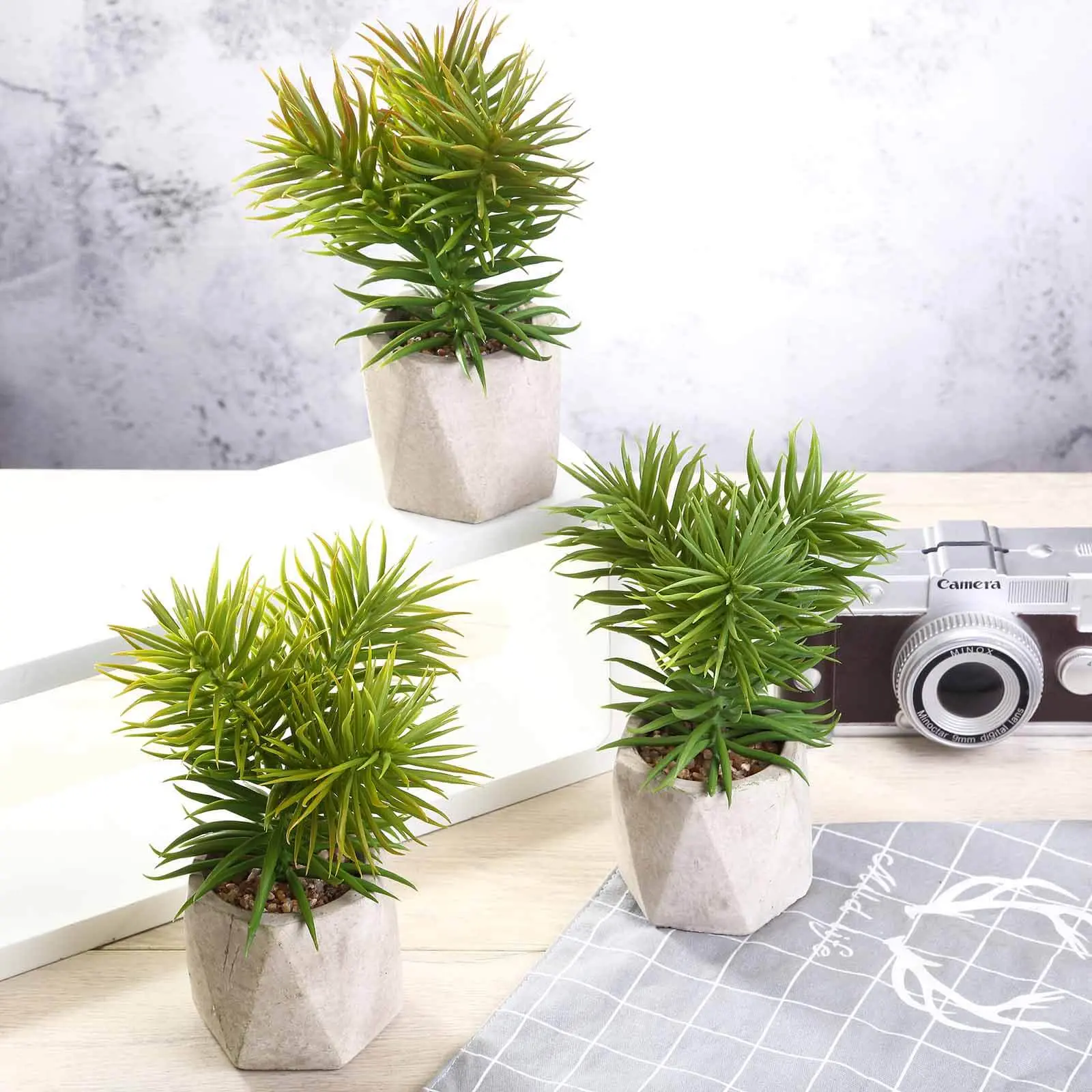 3-Pack Crassula Artificial Succulents in Geometric Ceramic Pot 8" - Realistic Maintenance-Free Faux Plants for Bathroom Coffee Table Shelves & Desk
