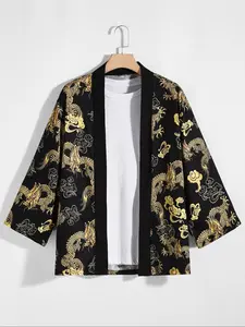Men's Dragon Print Long Sleeve Open Front Kimono, Loose Casual Comfy Top for Daily Outdoor Wear, Men Clothes for Spring Fall, Gamis, Menswear