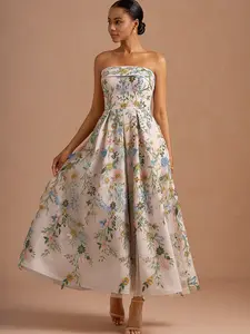 Azazie Evangeline 3D Floral Lace Corset Bandeau Wedding Guest Party Embroidered Maxi Dress