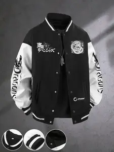 Men's Fall & Winter Baseball Jacket, Tokyo Dragon Print Design, Perfect Gift for Boyfriend, Casual Fitted Style