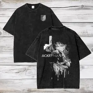 valentine shirts Attack on Titan Anime Acid Washed Oversize T-Shirt Levi Ackerman Anime Tee Gift For Him