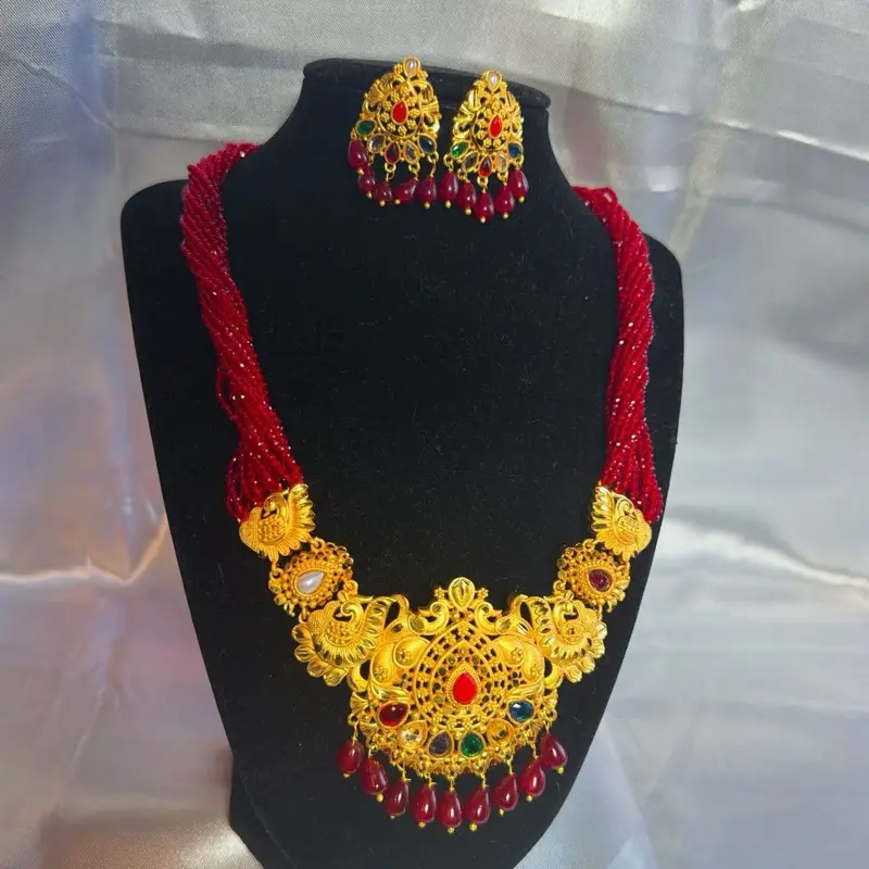 Women's Elegant 2-Piece Gold-Tone Navratna Pendant Hydro Potey Necklace & Earrings Set - Ethnic Style, Embedded Stones Necklaces for Special Occasions, Ethnic Style Necklaces
