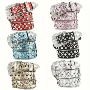 Skull Rivet Water Drill Bb Belt Fashion Solid Color Shiny Cool PU Belt Denim Denim Pants Belt Ladies Girls Men