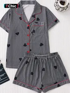 Women's Two-Piece Pajama Set, Casual Fitted Design, Animal Pattern Print, Short Sleeve Top & Shorts, Comfortable Sleepwear