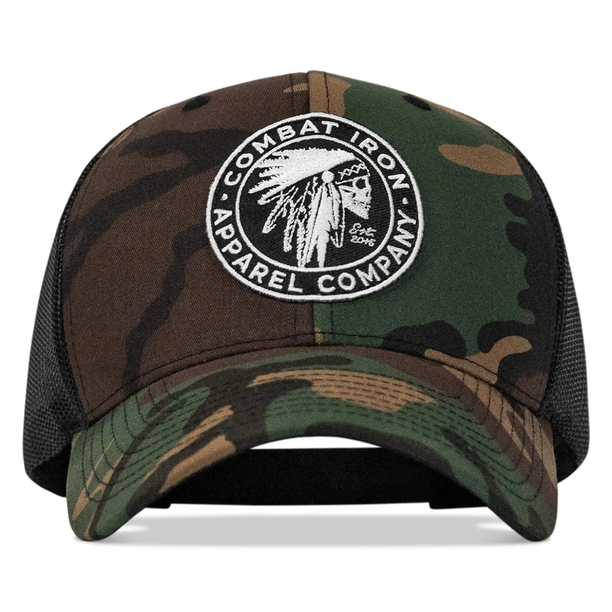 COMBAT IRON Adjustable Indian Chief Skull Patch Emblem Snapback Baseball Cap - Hats with Adjustable Plastic Rear Closure, Camouflage, Custom Patches & Embroidery, Cotton Twill Fabric, Breathable Mesh Back, Casual Durable OSFM Trucker Hat