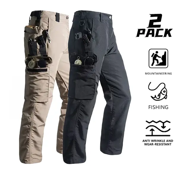 Men’s two-pack straight-leg multifunctional tactical cargo pants featuring independent multi-compartment storage pockets; wrinkle-resistant, wear-resistant, and resistant to deformation; suitable for construction sites, hiking and fishing, and versatile f