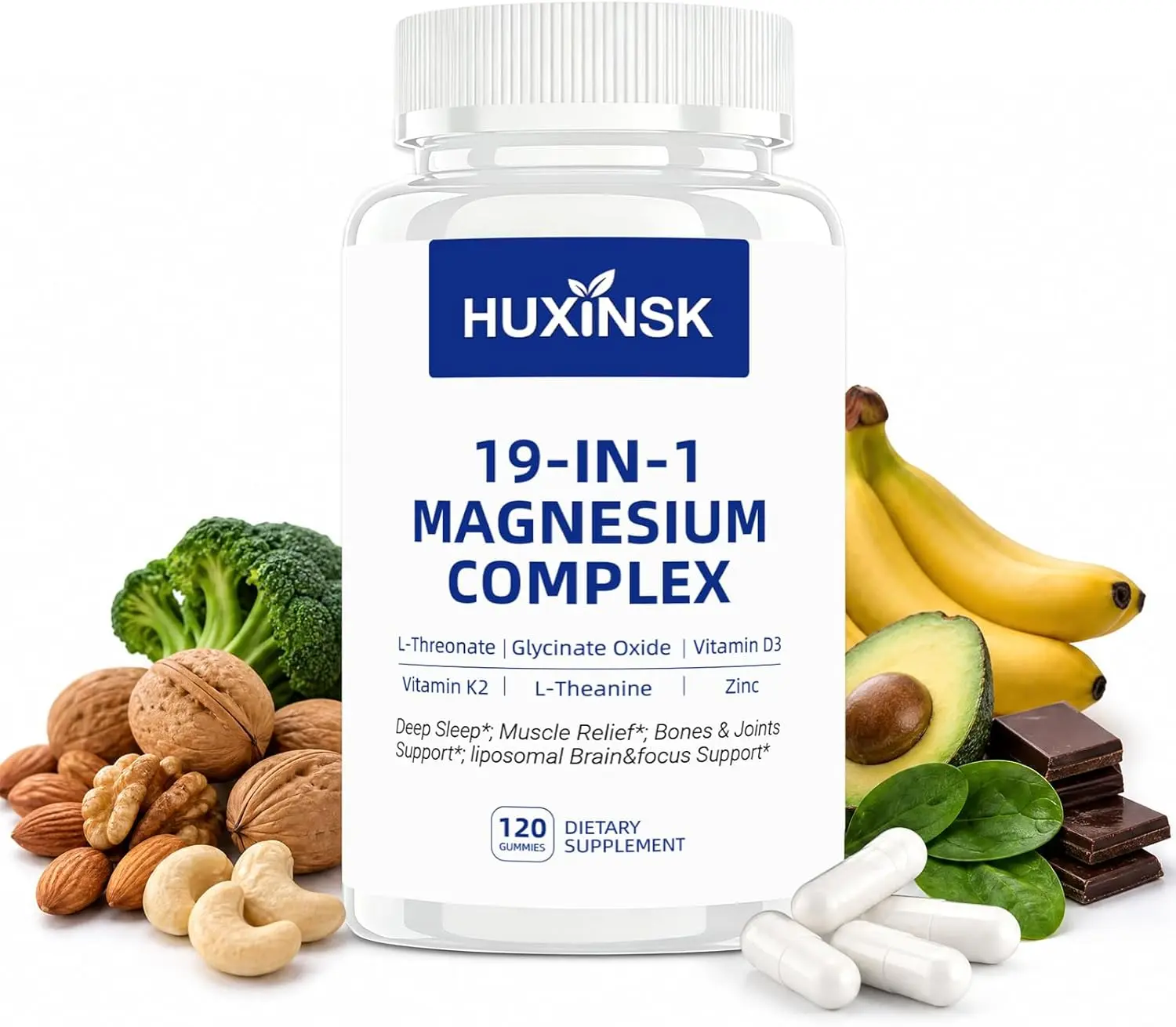 Magnesium Complex 1000mg Supplement – 3 Forms Magnesium Blend with L-Threonate, Glycinate & Malate, Plus Ashwagandha, L-Theanine, Vitamins & Minerals, 120 Capsules