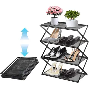 Shoe Rack for Entryway 4 Tier Foldable Shoe Rack Without Assembly Collapsible Metal Shoe Organizer Folding Shoe Storage Rack for Door, Living Room, Black