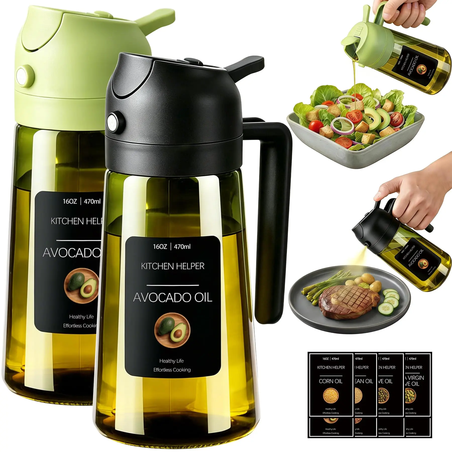 16oz Light-Proof 2-in-1 Olive Oil Sprayer & Dispenser, Leak-Proof Kitchen Storage Bottle for Air Fryer, Salad, BBQ