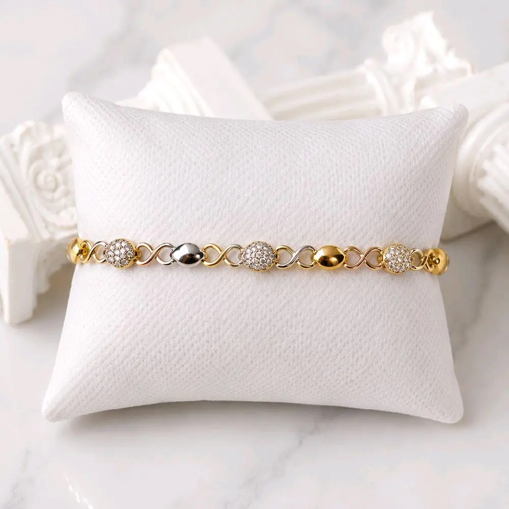 14K Gold Filled Tri-Color Infinity Link Bracelet with CZ Beads – 7" + 0.5" Extension