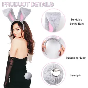 Bunny Ears and Tail Sets, Easter Bunny Headband Cute Rabbit Ears Hairbands Gray Plush Ball Tails Decorations for Halloween Party Cosplay Dress up Costume Accessories
