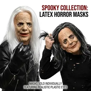 Halloween Latex Horror Old Man/Woman Mask With Long Hair Funny Grandma Full Face Headgear Prank Pro Comfortable Eye Black-Eyed Granny
