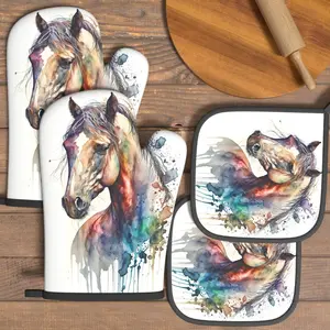4pcs Oven Mitts And Pot Holders Vibrant Watercolor Horse Heat Resistant Oven Mitts And Pot Holders Sets Suitable For Cooking, Home Oven, Baking, Kitchen Decoration, Housewarming Gifts