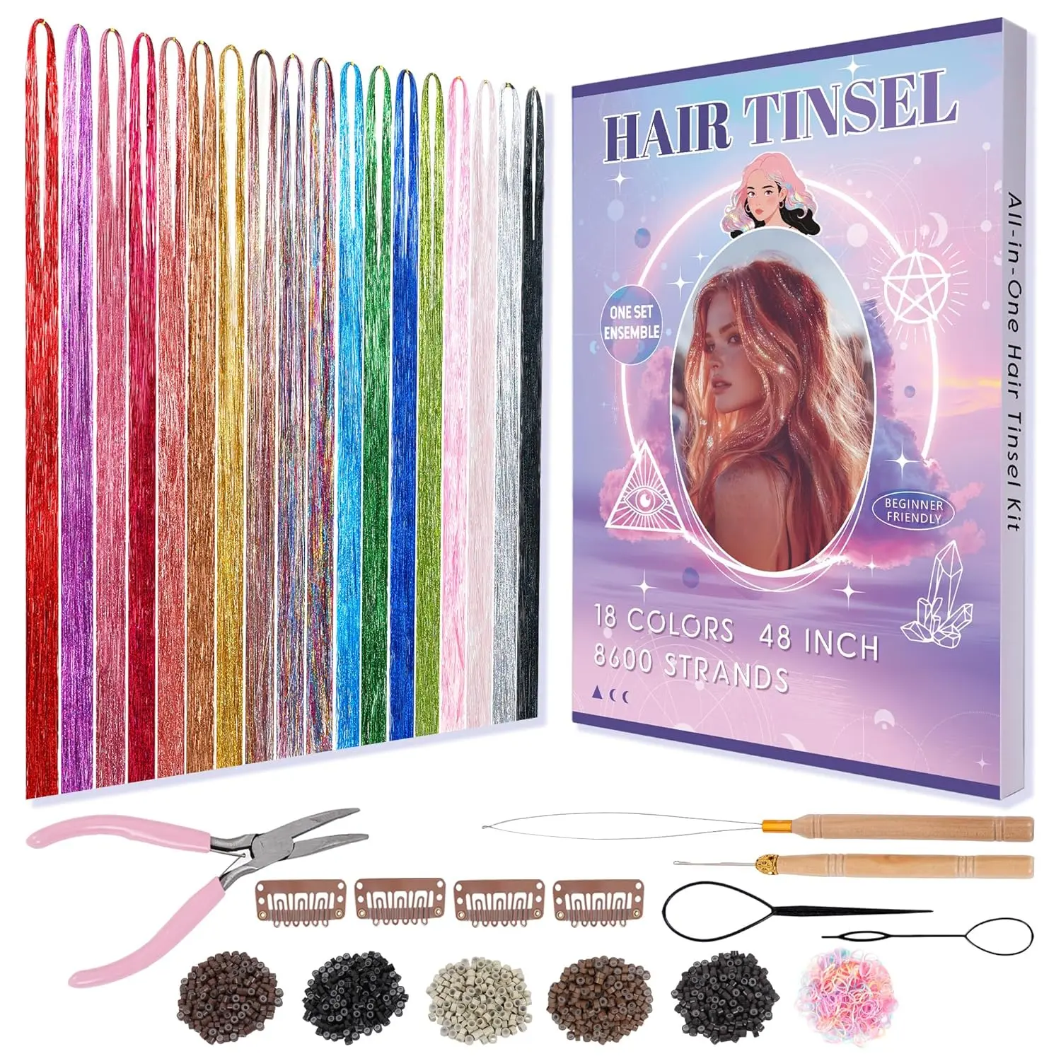 Hair Tinsel Kit - 18 Colors, 48In Heat Resistant Glitter Hair Extensions (8600 Strands) for Teen Girls, Christmas Party, Festival