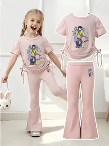 Summer Girls' Set, Coraline Ghost Character Pattern, Cool Anime Style, Home School Wear, Drawstring Short Sleeve Flared Pants Two-Piece