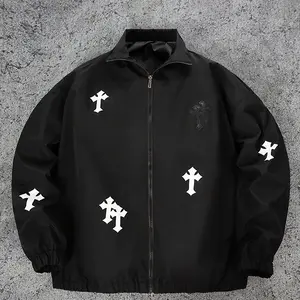 Men’s vintage distressed jacket with cross print and stand collar, American street style, loose casual outerwear