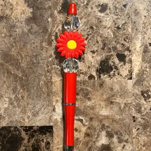 Red Beaded Pen with Red Flower Focal Bead - Simple Design Featuring a Vibrant Red Flower Accent