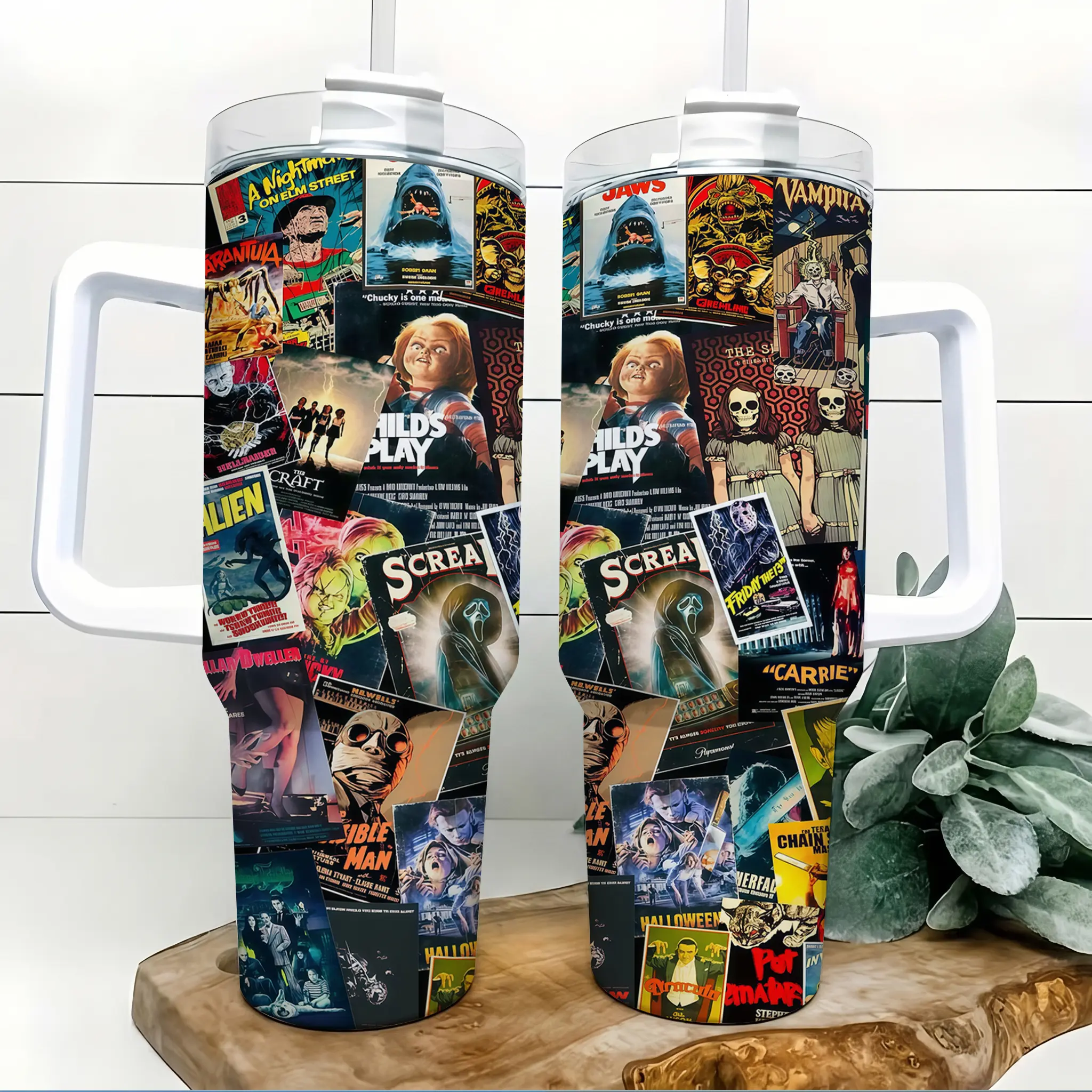 Retro Horror Movie Poster Collage 40oz Insulated Stainless Steel Tumbler - With Handle, Straw, Masked Ghost, Killer Doll, Sea Monster, Alien Creature - Travel Mug for Gym, Commute - Halloween Birthday Gift