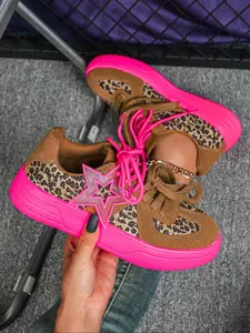 Women's Leopard Print Casual Athletic All Seasons Sneakers, Soft Lightweight Breathable Low Top Lace-Up Trendy Walking Shoes, Perfect for Halloween Christmas Gifts