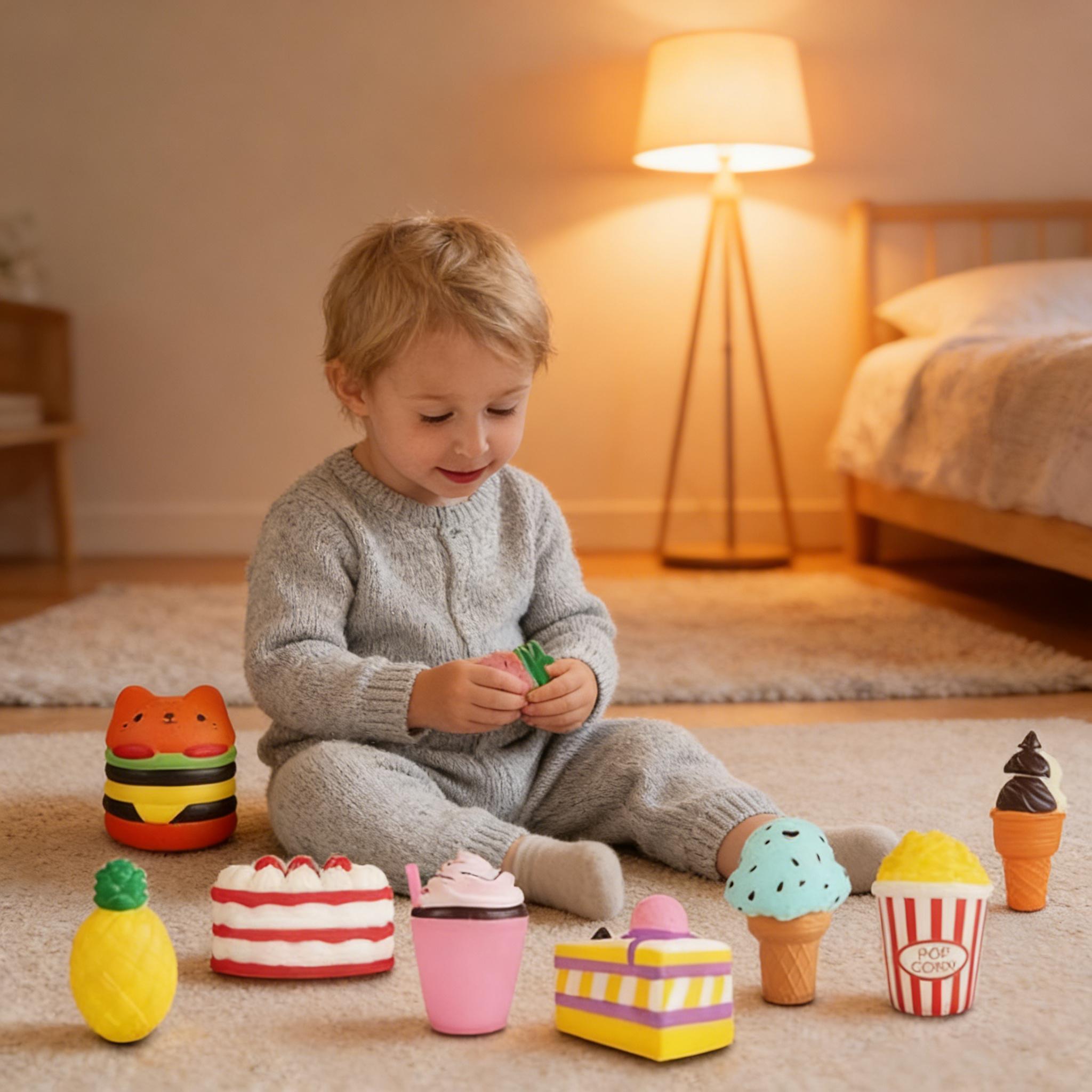 9-Pack Soft Squishy Toys Set – Hamburger, Popcorn, Cake, Ice Cream, Donut Shapes – Stress Relief Squeeze Toy for Boys and Girls