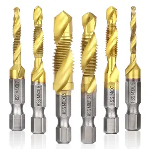 Drill Tap Set,  6 Packs Titanium Plated Combination Taps Drill Bit Set, M3 M4 M5 M6 M8 M10 Hex Shank HSS Screw Thread Metric Compound Tap Drill Bits Metal Drilling