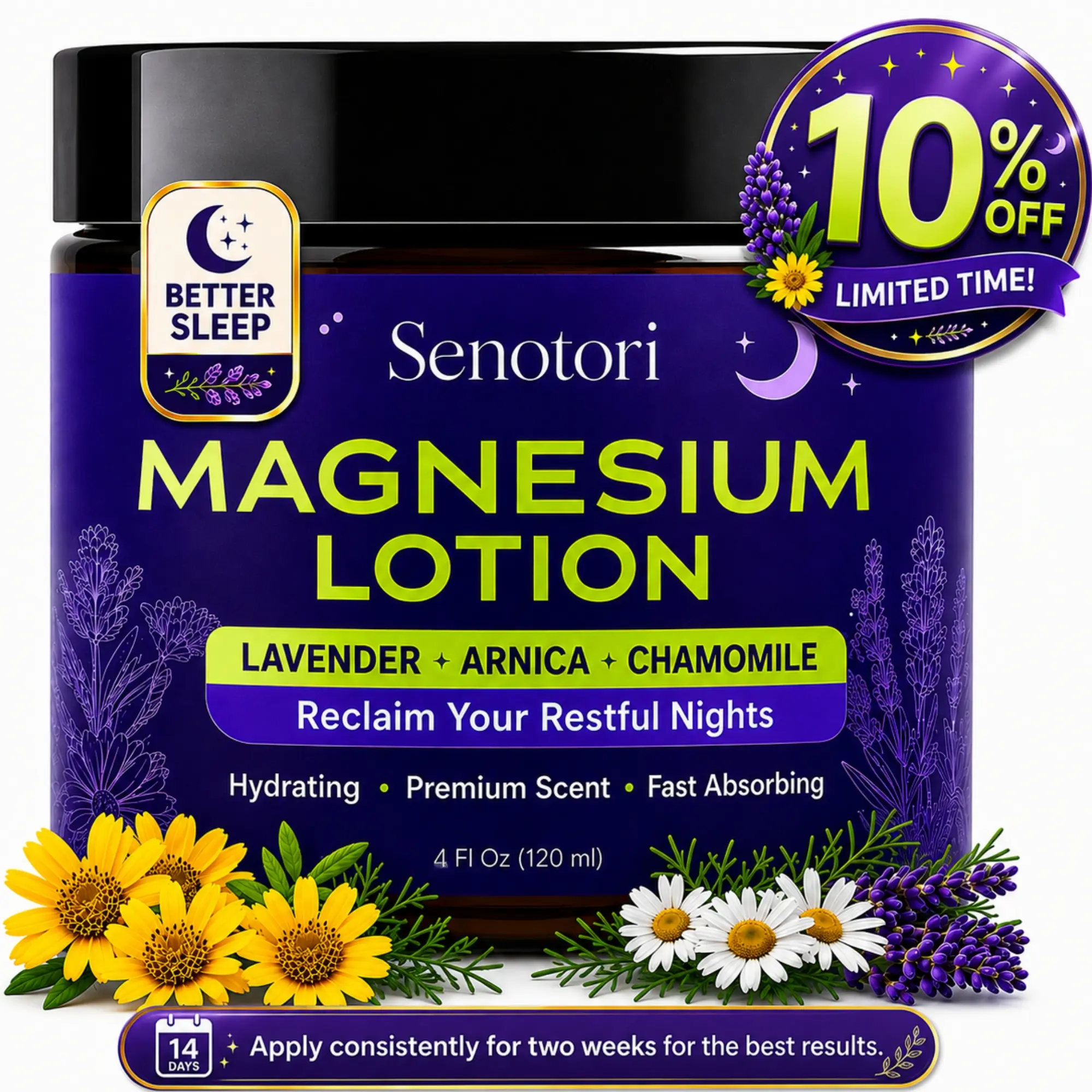 Senotori Magnesium Lotion for Sleep with Arnica, Lavender & Chamomile - 4Oz | Nighttime Magnesium Cream for Muscle, Leg, Foot Lotion, Relaxation Gifts for Women, Birthday Gifts for Women, Fast Absorbing