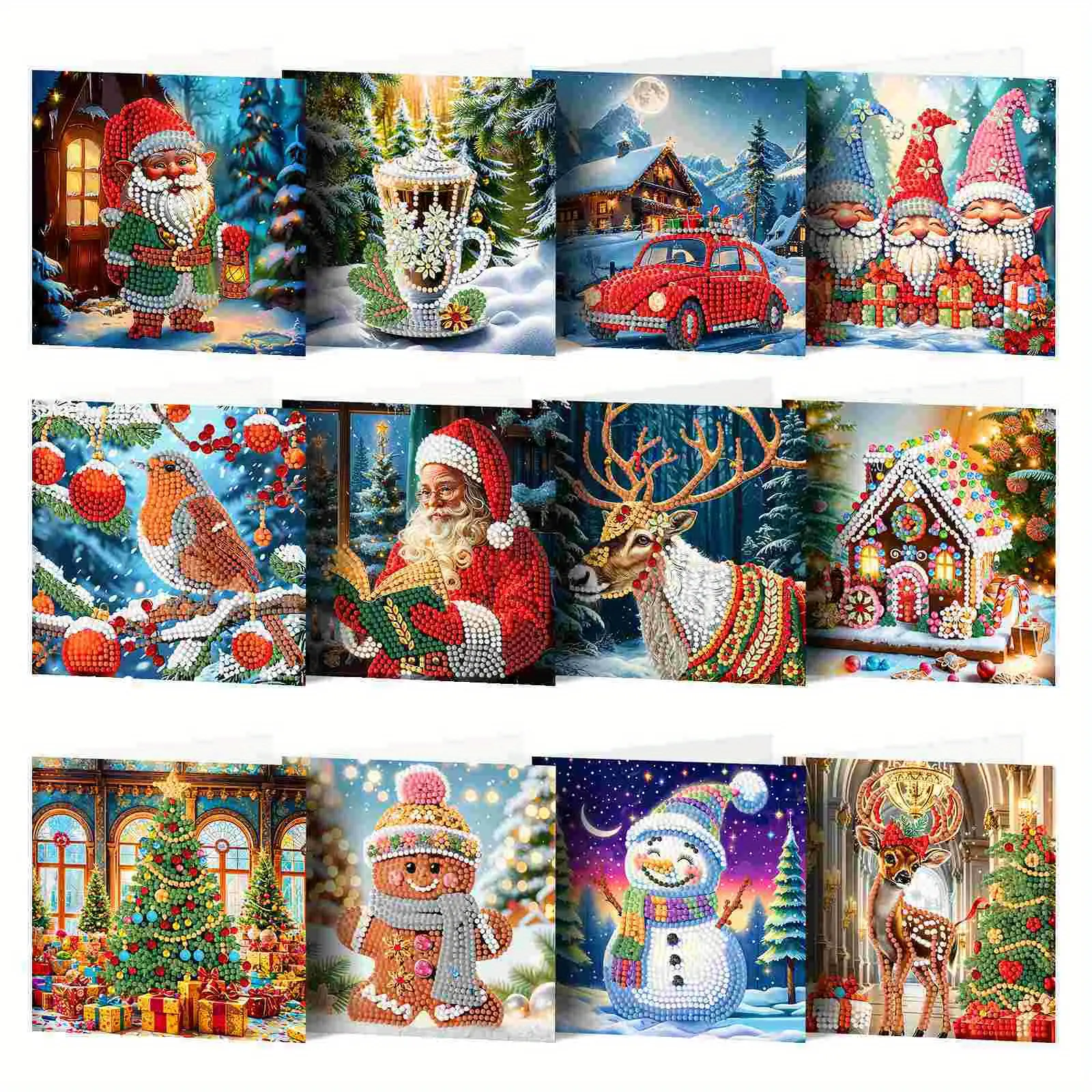 12 Piece DIY Diamond Art Greeting Card Set Multi Patterned Christmas Card, Merry Christmas Wishes