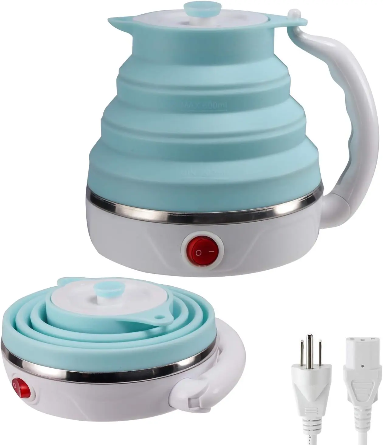 Foldable Travel Electric Kettle - Food Grade Silicone Kitchen Appliances, Cordless Small Pot for Boiling Water, Dual Voltage 110-220V US Plug, 600ml, 1.42lb, 6.5"x6.3"x5.1", Default Blue, One Button Design
