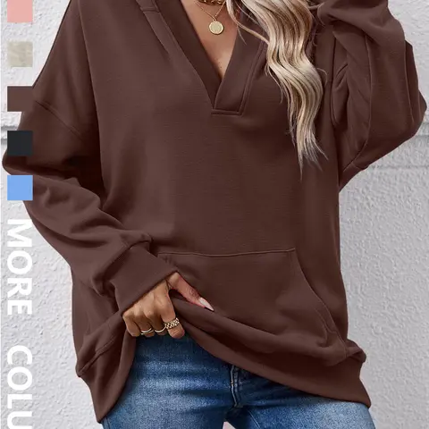 Women's Casual Hooded Sweatshirt with Kangaroo Pocket, Loose-Fit Long-Sleeve Pullover Hoodie, Warm Basic Streetwear Tops for Fall & Winter Daily Wear