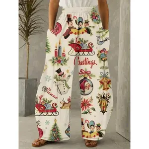 Plus Size Women's Christmas Print Wide Leg Pants, Casual Floral Pattern, Loose-Fitting Long Trousers, All Seasons Fashion