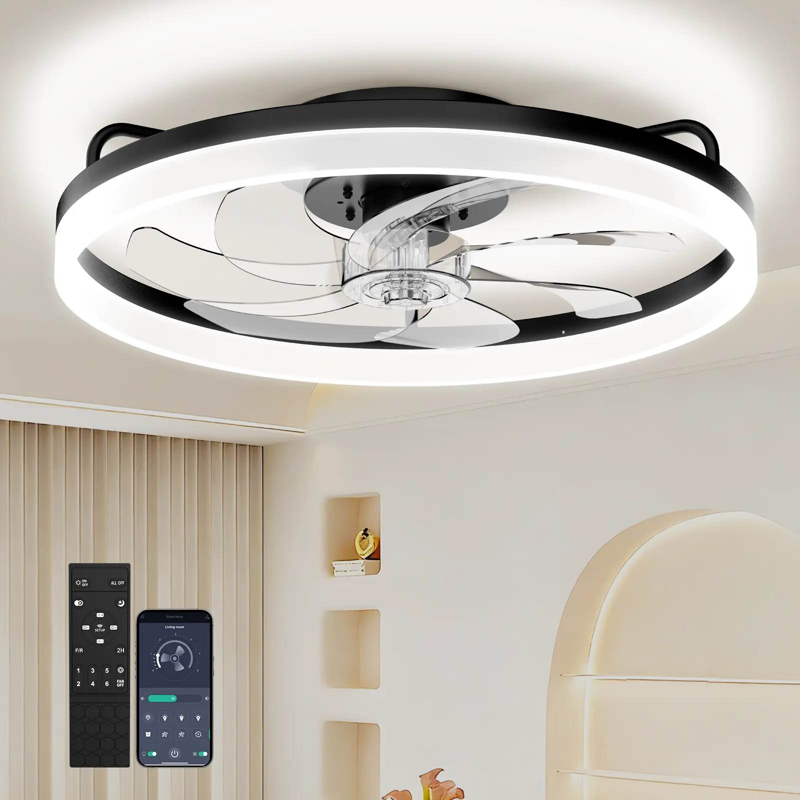 Invisible Ceiling Fan with Light & Remote, 20'' Low Profile Flush Mount Ceiling Fan, 6 Speeds, 3000-6500K Dimmable LED Fandelier, Black for Bedroom Living Room