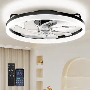 Ceiling Fans with Lights and Remote, 20'' Low Profile Flush Mount Ceiling Fan with 6 Speeds & 3 Color Temperature, 3000-6500K Dimmable Led Fandelier for Bedroom Livingroom, Black