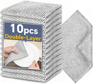 10 PCS Non-Scratch Multipurpose Steel Wire Dishcloths - Reusable Quick-Dry Odor-Free Scrub Cloths for Dishes, Kitchen Cleaning Cloths for Cookware, Sinks, Stove Tops (7.87X7.87) mesh double-layer wash rags