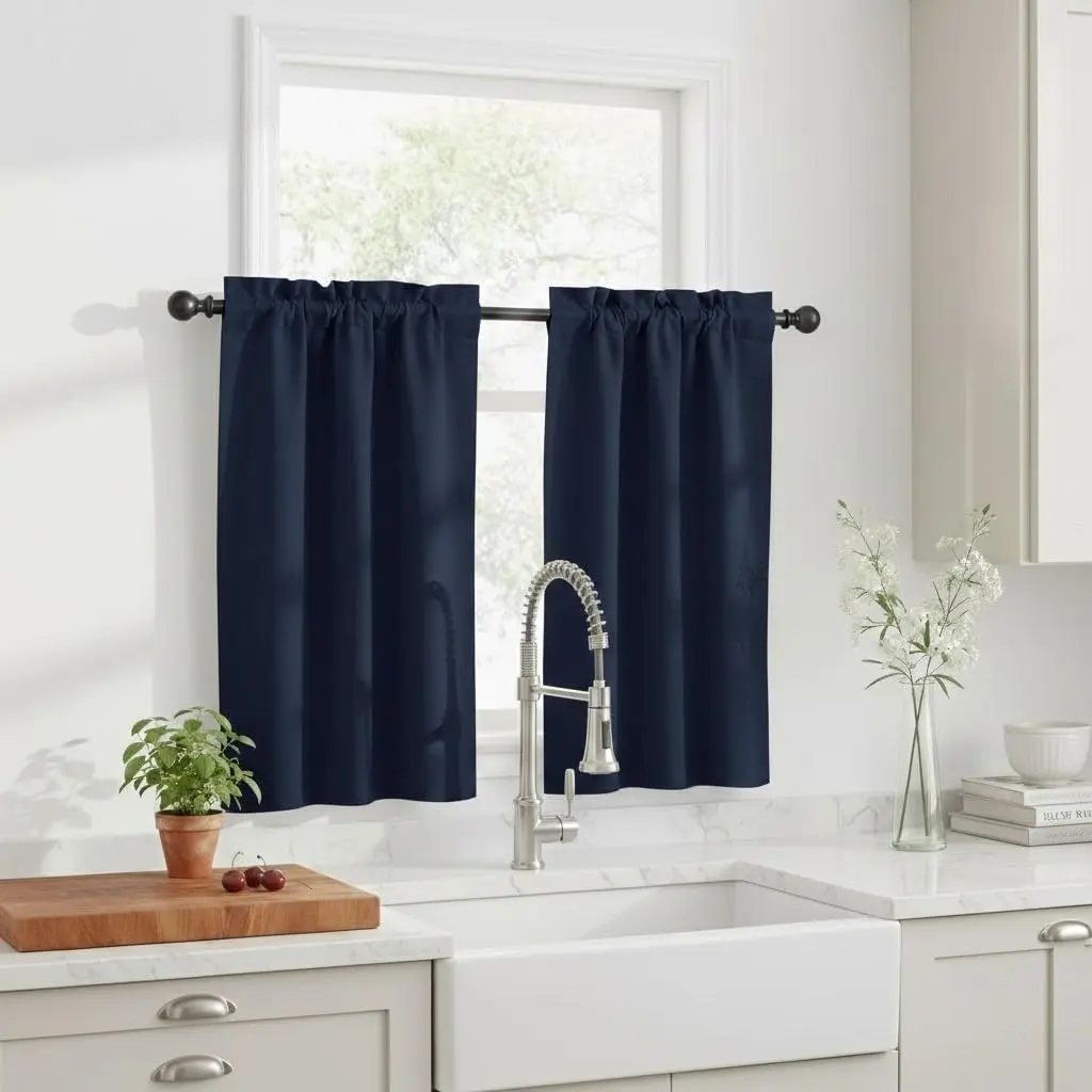 NICETOWN Blackout Short Curtain for Windows - Elegant Rod Pocket Thermal Insulated Half Curtain Valance for Bathroom/Cafe/Nursery/Bay Window/Thanksgiving, 29W by 36L, Navy, 2 PCs