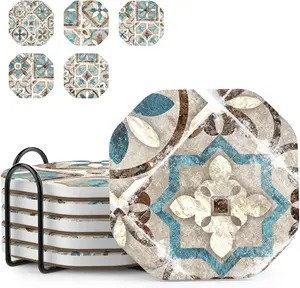 Drinks Coasters for Coffee Table Decor, Rustic Retro Boho Farmhouse Coasters, Absorbent Cup Mats for Wooden Table, Mandala Style,   Tile Design, Brown, 4", Set of 6