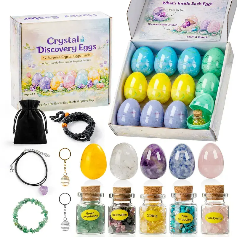 Gemstone Crystal Easter Egg Set - 12PCS Prefilled Eggs with Jewelry Kit for Girls, Includes Bracelet Necklace Keychain, Ideal Easter Basket Stuffers & Egg Hunt Surprises