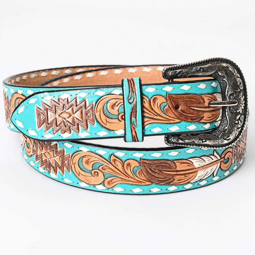 Turquoise Aztec & Feathers Tooled Leather Belt- Western Belts for Cowgirls
