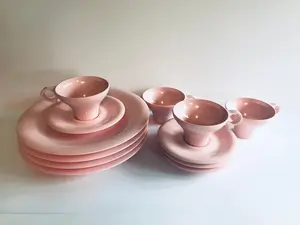 Russel Wright Flair Dinnerware Set 12 piece set Retro Pink Plastic Melamine plates Cups Saucers Coastal Beach Retro dinnerware gift for her