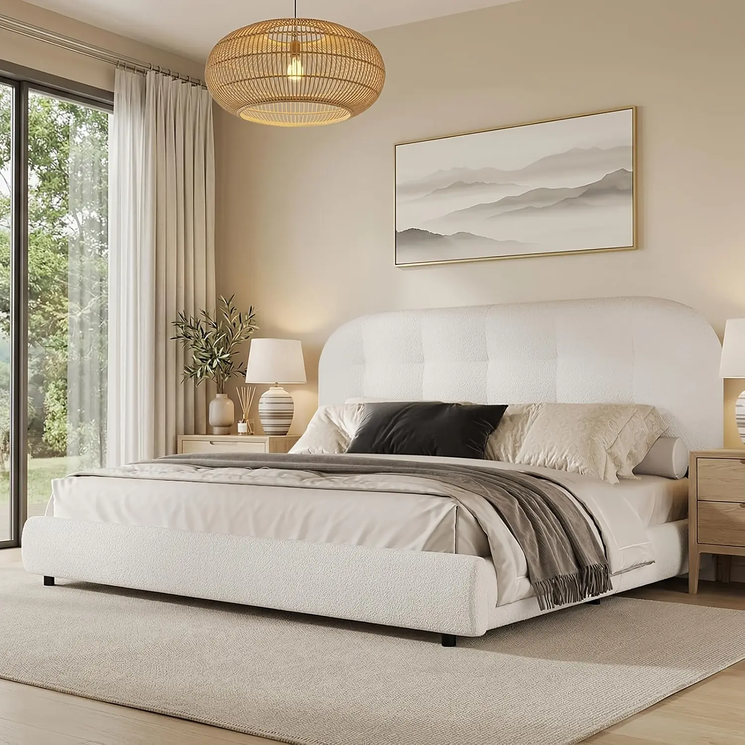 [SummerWins] HOMBCK Twin Full Queen King Size Bed Frame, Upholstered Boucle Bed Frame King Size with Headboard,Soft Cloud Bed Frame with Thickened Footboard,Rounded Corners,No Box Spring Required,Easy Assembly,Cream/White#home essentials#back to school