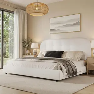 Hombck Twin Full Queen King Size Bed Frame, Upholstered Boucle Bed Frame King Size with Headboard, Soft Cloud Bed Frame with Thickened Footboard, Rounded Corners, No Box Spring Required, Easy Assembly, Cream/White
