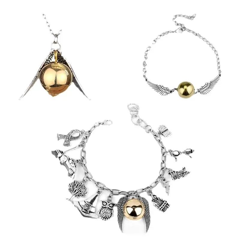 3pcs Golden Snitch Accessories Set - Winged Pendant Charm Necklace Set, Brass and Silver Tone, Wizarding Fan Costume Jewelry, Necklaces Set