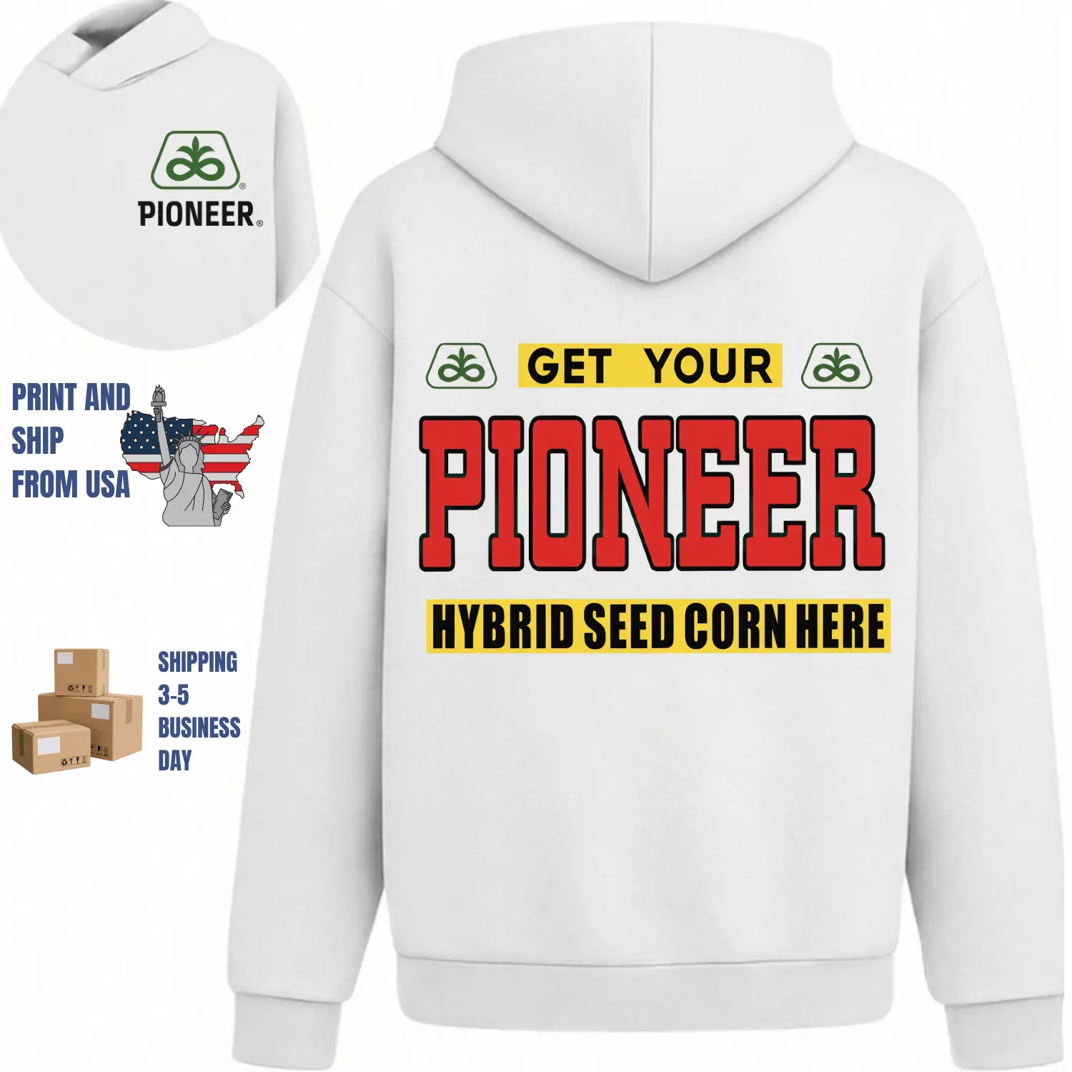 Get Your Pioneer Seed Corn Hoodie, 2 Sides, bold farming typography, oversized Hoodie for men, agriculture workwear style, gift for farmers