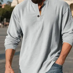 Men's Loose Fit Vintage Corduroy Shirt, Casual Long Sleeve Henley Tee for Fall Season, Simple Design Men's Clothing for Daily Wear