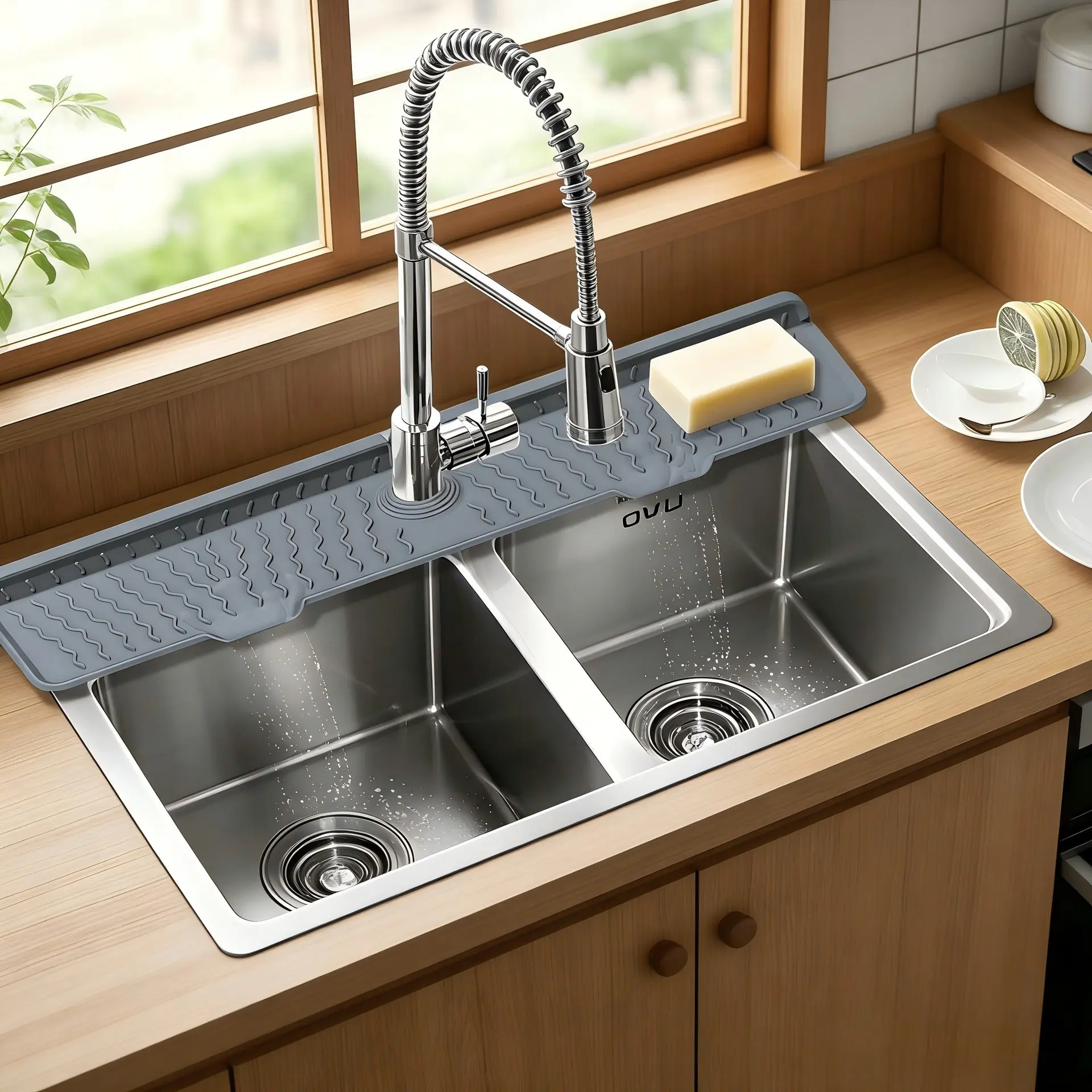 Water faucet drip tray, splash-proof water splash guard and water-absorbing kitchen and bathroom countertop mat, anti-slip silicone waterproof tray, upgraded thickened design, Household Items, Home