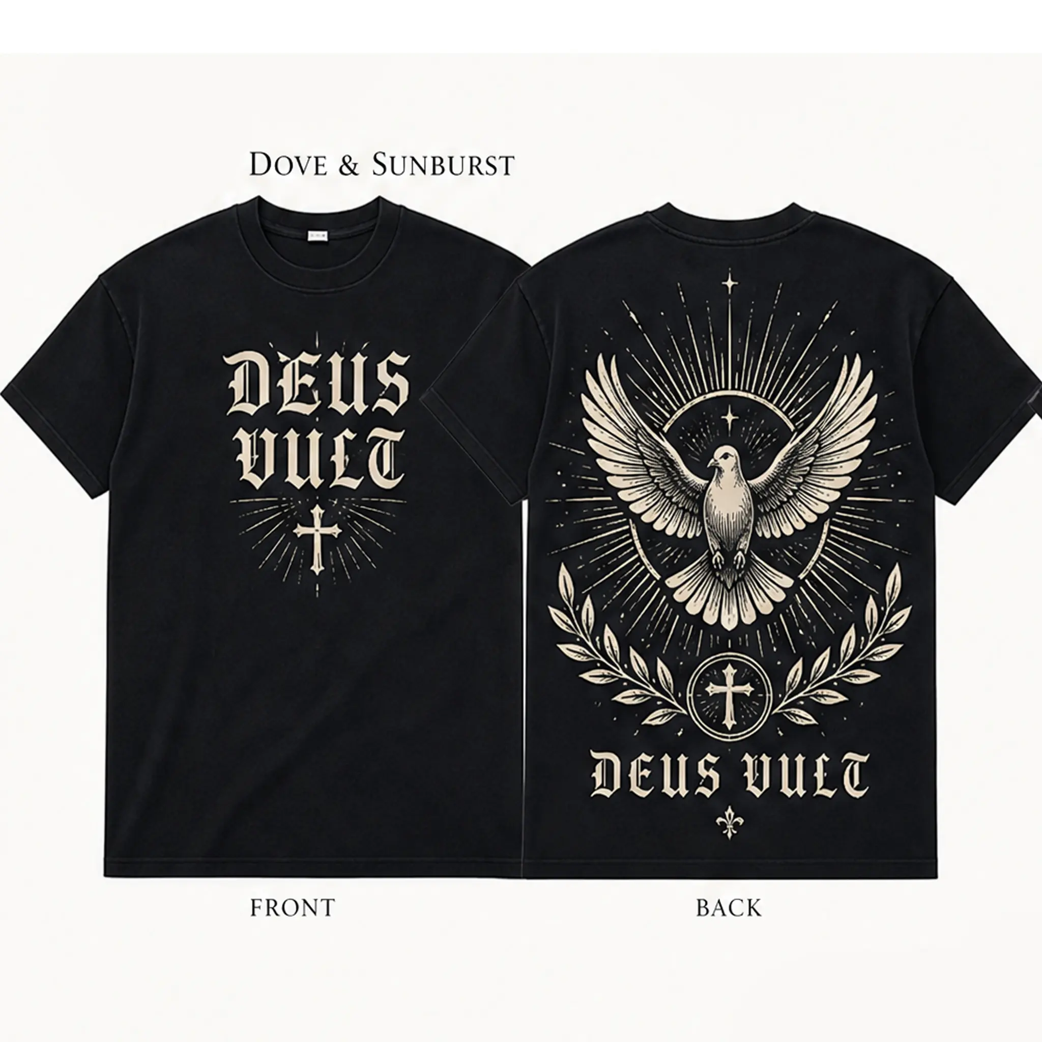 Unisex 100% Cotton Oversized T-Shirt | Sunburst Cross Dove Gothic Print, Christian Faith Streetwear Graphic Tee for Men & Women-ZB